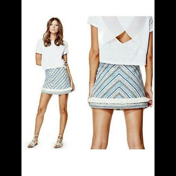 Guess Womens Embroidered Skirt Blue White Aztec Fringe Lined Mini Size S - Picture 1 of 7